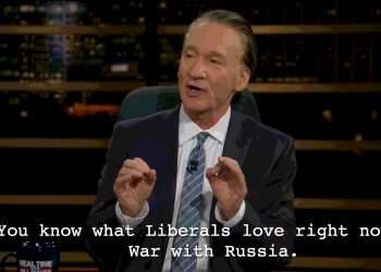Visualizes Bill Maher as a proponent for war on Russia.