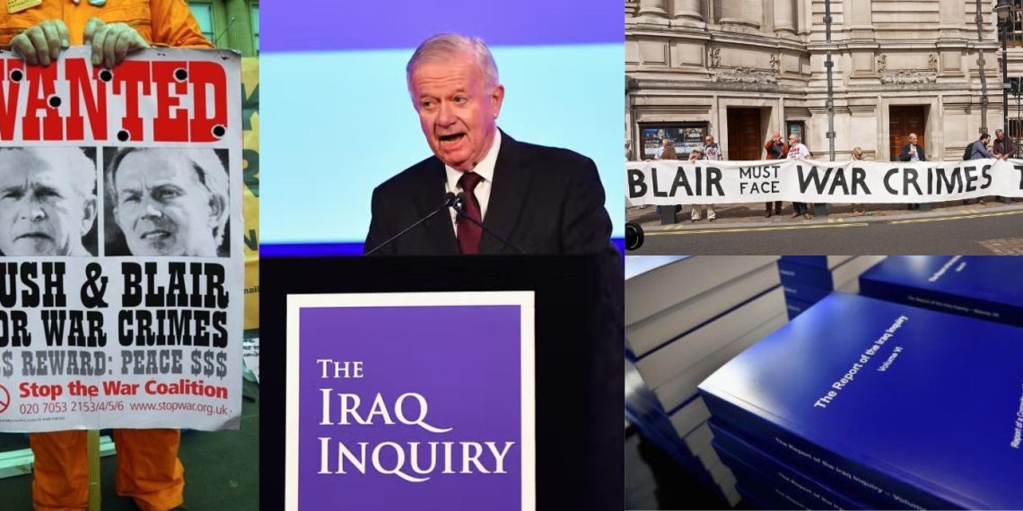 Visualizes an assortment of images related to the Chilcot Report investigating Tony Blair's war crimes in the Iraq war of 2003.